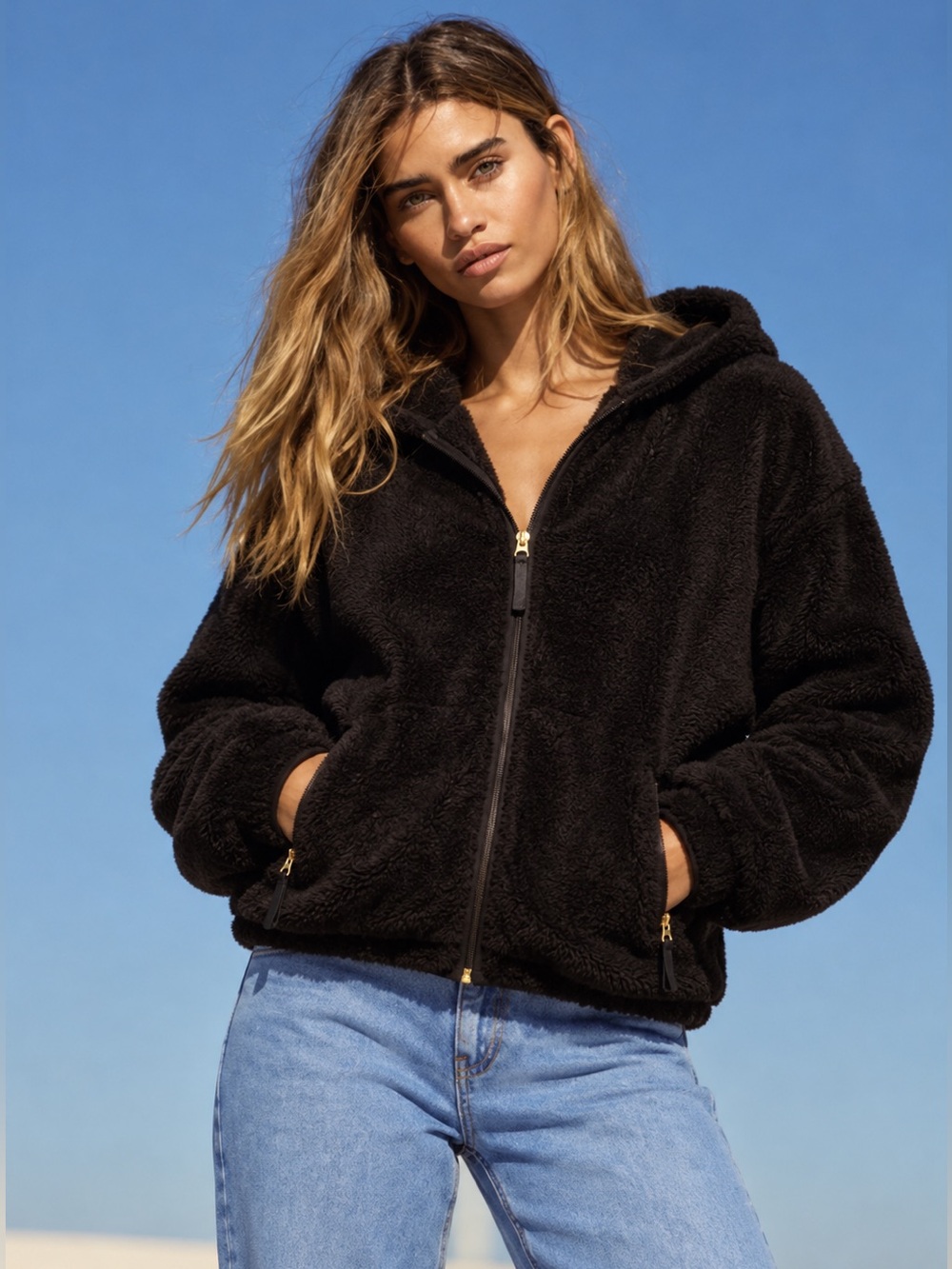 Forever 21 Black Hooded Zip Up Teddy Hoodie Jacket